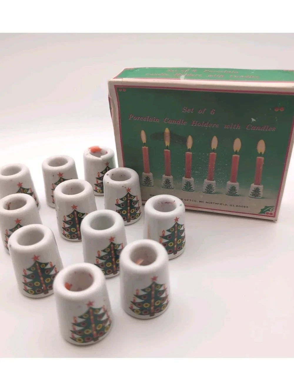 Vintage Christmas Miniature Porcelain Candle Holders Set Of 11 w/Original Box